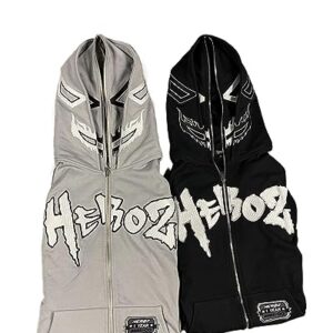 Y2K Grunge Full Zip Up Hoodie for Women Men Letter Star Graphic Print Goth Sweatshirt Retro Aesthetic Unisex Jacket (D-Black4-double hat, XXXL)