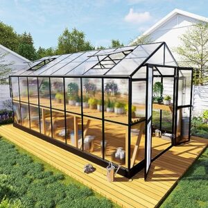 howe 8x16x7.5 ft polycarbonate greenhouse double swing doors 4 vents 5.2ft added wall height, walk-in large aluminum greenhouse sunroom winter greenhouse for outdoors, black