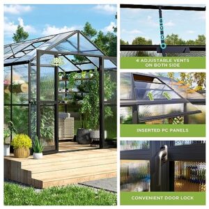 HOWE 8x16x7.5 FT Polycarbonate Greenhouse Double Swing Doors 4 Vents 5.2FT Added Wall Height, Walk-in Large Aluminum Greenhouse Sunroom Winter Greenhouse for Outdoors, Black