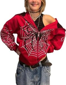 hudenrtv y2k zip up spider graphic hoodie halloween rhinestone oversized hoodies goth grunge jacket streetwear sweatshirt (a3,medium)