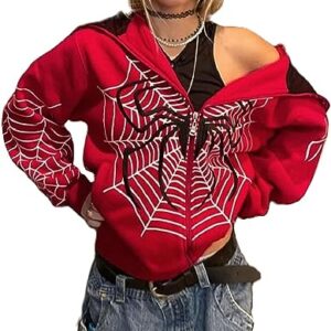 HUDENRTV Y2k Zip Up Spider Graphic Hoodie Halloween Rhinestone Oversized Hoodies Goth Grunge Jacket Streetwear Sweatshirt (A3,Medium)