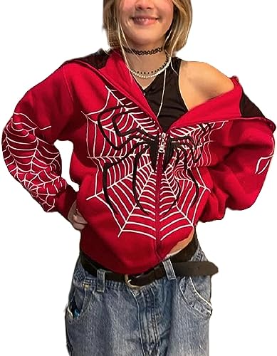 HUDENRTV Y2k Zip Up Spider Graphic Hoodie Halloween Rhinestone Oversized Hoodies Goth Grunge Jacket Streetwear Sweatshirt (A3,Medium)