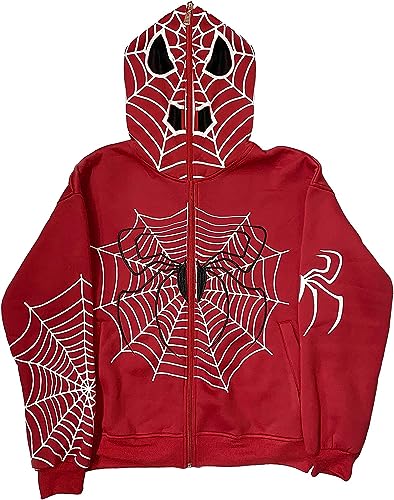 HUDENRTV Y2k Zip Up Spider Graphic Hoodie Halloween Rhinestone Oversized Hoodies Goth Grunge Jacket Streetwear Sweatshirt (A3,Medium)