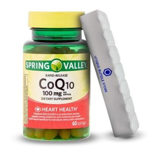spring valley, coq10 100mg, 60 count rapid-release heart health dietary supplement, cq10 100mg softgels + 7 day pill organizer included (pack of 1)