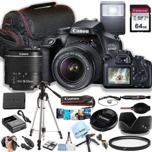 canon eos 4000d / rebel t100 dslr camera w/ef-s 18-55mm f/3.5-5.6 zoom lens + 64gb memory, case, tripod, flash, and more (31pc bundle)