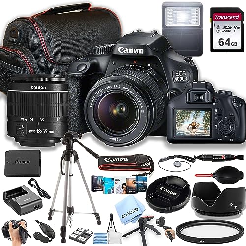 Canon EOS 4000D / Rebel T100 DSLR Camera w/EF-S 18-55mm F/3.5-5.6 Zoom Lens + 64GB Memory, Case, Tripod, Flash, and More (31pc Bundle)