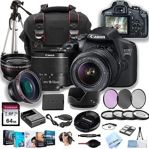 Canon EOS 2000D / Rebel T7 DSLR Camera w/EF-S 18-55mm F/3.5-5.6 Zoom Lens + 64GB Memory, Filters + Macro + 2X Lens, Case, Tripod, Flash, and More (36pc Bundle)