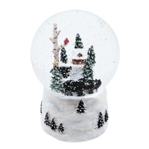 swirling snow globe with a cabin and a black bear family, freestanding christmas decoration, festive holiday décor, 6.75 inches