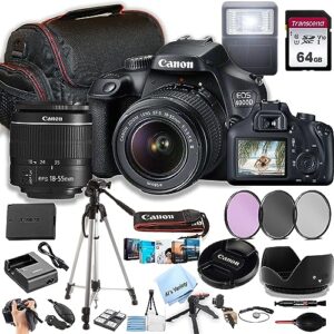 canon eos 4000d / rebel t100 dslr camera w/ef-s 18-55mm f/3.5-5.6 zoom lens + 64gb memory, filters,case, tripod, flash, and more (34pc bundle)