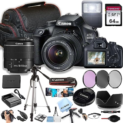 Canon EOS 4000D / Rebel T100 DSLR Camera w/EF-S 18-55mm F/3.5-5.6 Zoom Lens + 64GB Memory, Filters,Case, Tripod, Flash, and More (34pc Bundle)