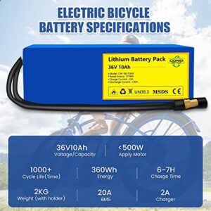 36V Ebike Battery for Electric Bike Bicycle, 36v 10ah Lithium Battery Pack for Scooter, 36 Volt Lithium Battery for Electric Bike Replacement , 20A BMS for 350w 500w 750w Motor ,42v 2A Charger (B-2)
