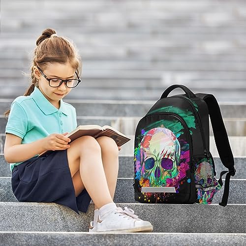 Sletend Printed Backpacks for Boys and Girls Skull Oil Painting Safety Student School Bag with Night Reflective Strip, Kids Backpack for Elementary Primary Middle School Student School Bag