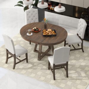 merax, walnut 5-piece retro functional set,round wood table with a 16" w leaf and 4 upholstered chairs for dining room