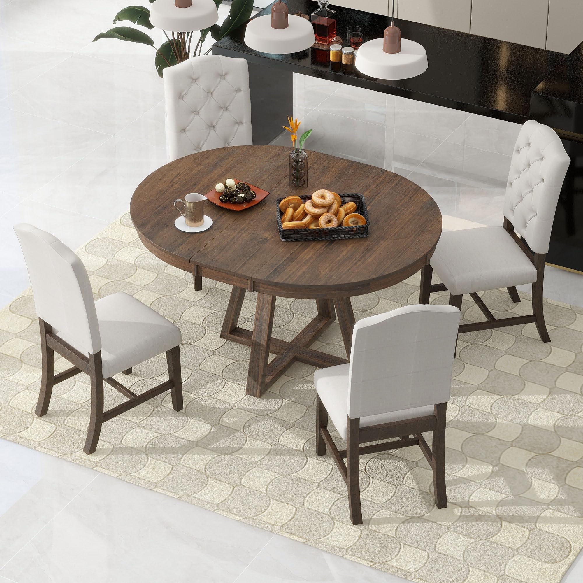 Merax, Walnut 5-Piece Retro Functional Set,Round Wood Table with a 16" W Leaf and 4 Upholstered Chairs for Dining Room