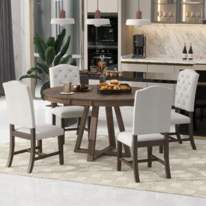 Merax, Walnut 5-Piece Retro Functional Set,Round Wood Table with a 16" W Leaf and 4 Upholstered Chairs for Dining Room