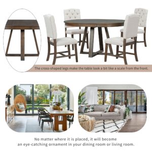 Merax, Walnut 5-Piece Retro Functional Set,Round Wood Table with a 16" W Leaf and 4 Upholstered Chairs for Dining Room