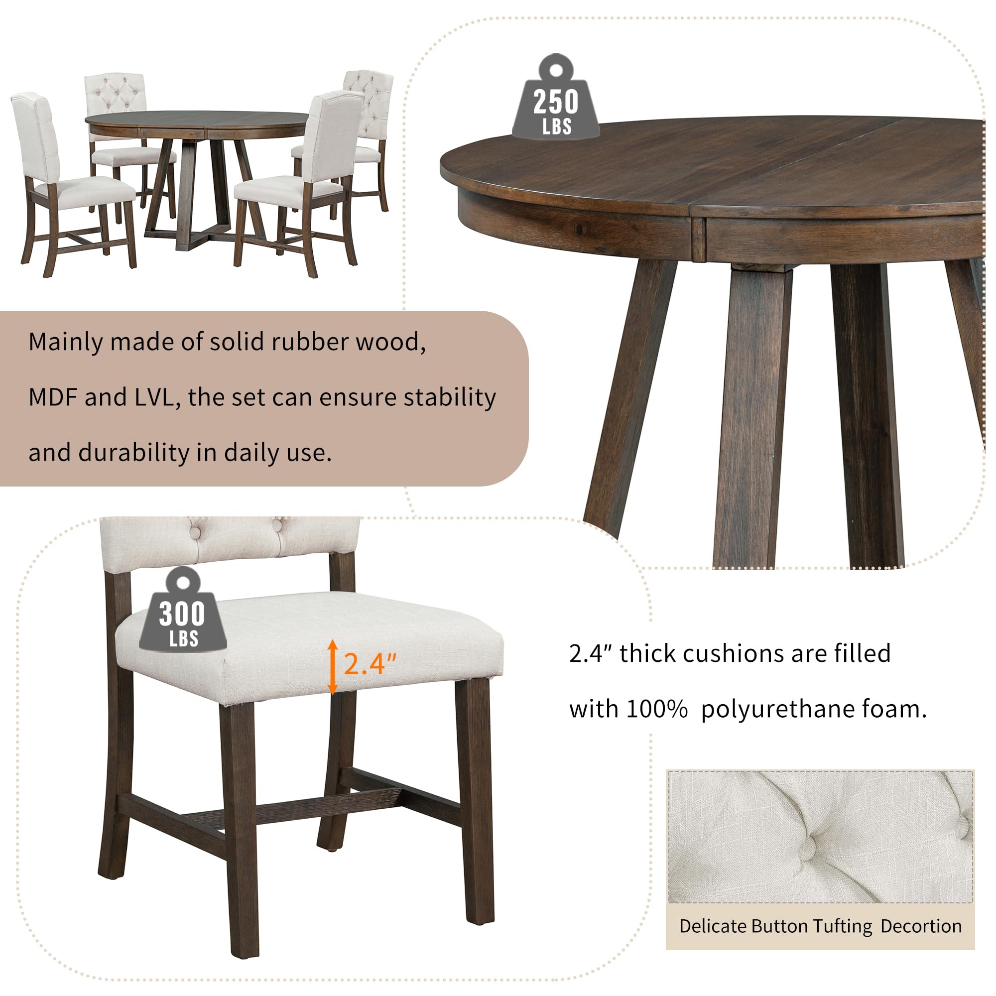 Merax, Walnut 5-Piece Retro Functional Set,Round Wood Table with a 16" W Leaf and 4 Upholstered Chairs for Dining Room