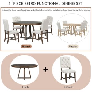 Merax, Walnut 5-Piece Retro Functional Set,Round Wood Table with a 16" W Leaf and 4 Upholstered Chairs for Dining Room