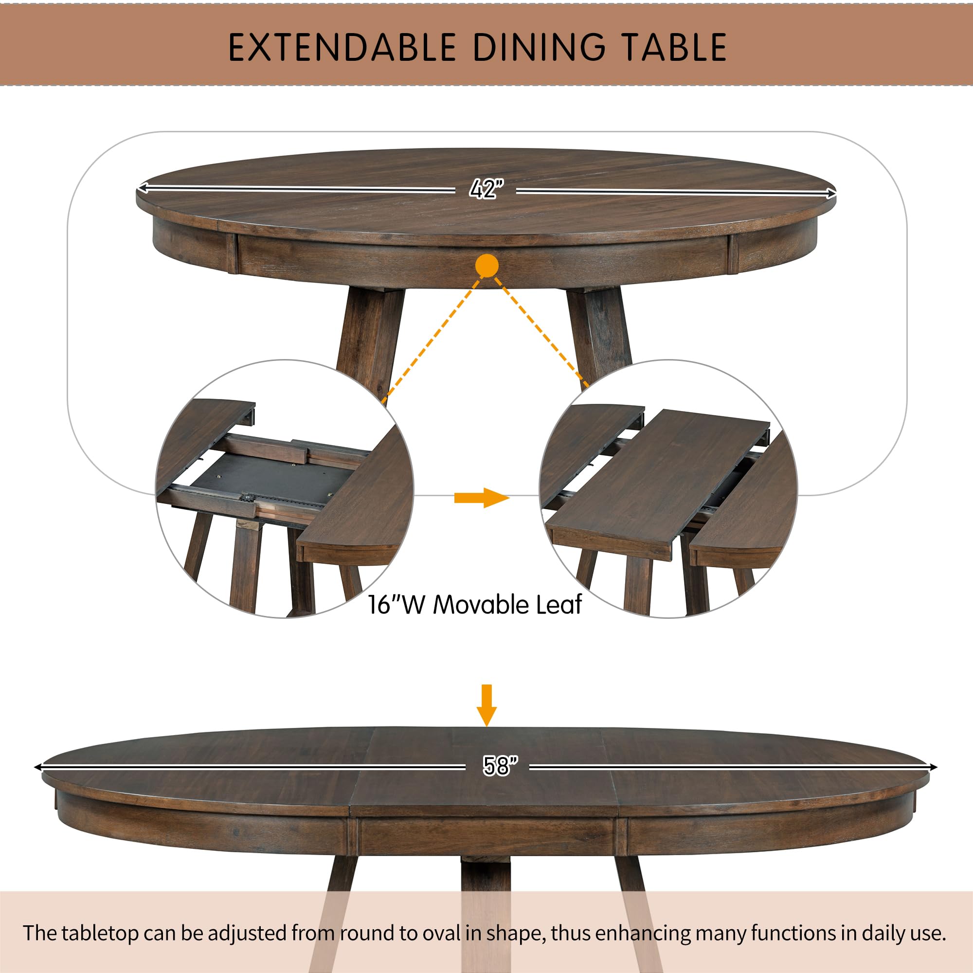 Merax, Walnut 5-Piece Retro Functional Set,Round Wood Table with a 16" W Leaf and 4 Upholstered Chairs for Dining Room