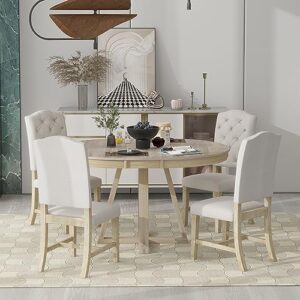 Merax, Natural 5-Piece Retro Functional Set,Round Table with a 16" W Leaf and 4 Upholstered Chairs for Dining Room