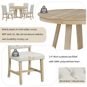 Merax, Natural 5-Piece Retro Functional Set,Round Table with a 16" W Leaf and 4 Upholstered Chairs for Dining Room