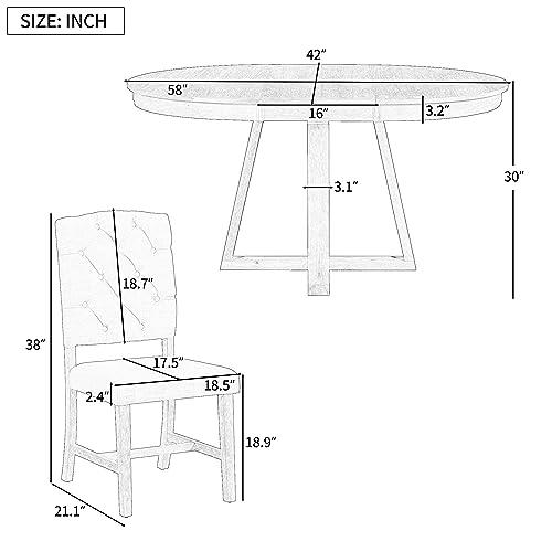 Merax, Natural 5-Piece Retro Functional Set,Round Table with a 16" W Leaf and 4 Upholstered Chairs for Dining Room