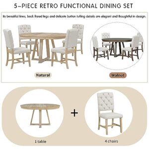 Merax, Natural 5-Piece Retro Functional Set,Round Table with a 16" W Leaf and 4 Upholstered Chairs for Dining Room