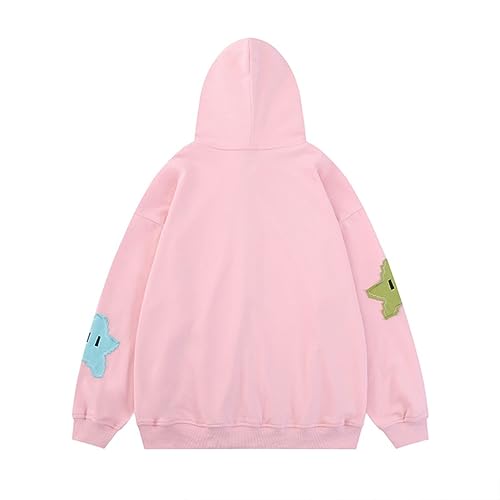 Maemukilabe Womens Y2K Zip Up Hoodies Jackets Star Graphic Print Long Sleeve Oversized Hooded Sweatshirt Outwear Pink