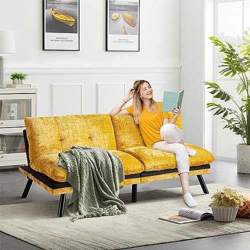 Convertible Comfy Futon Sofa Bed, 72" L Sleeper Couch with Thicker Cushion, Upholstered Modern Reclining Loveseat Folding Sofa for Small Living Room, Dorm, Apartment, Office, Yellow