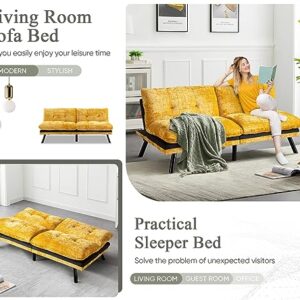 Convertible Comfy Futon Sofa Bed, 72" L Sleeper Couch with Thicker Cushion, Upholstered Modern Reclining Loveseat Folding Sofa for Small Living Room, Dorm, Apartment, Office, Yellow