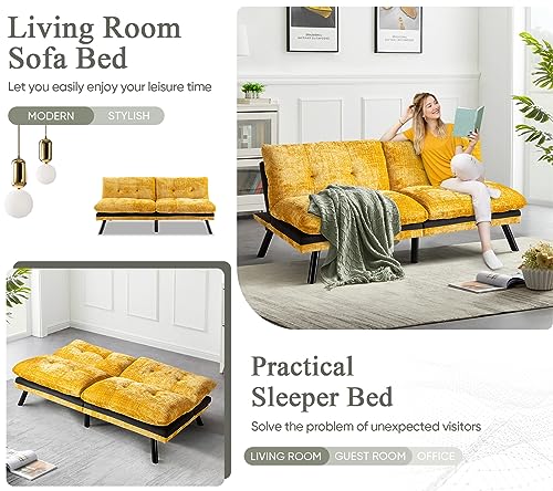 Convertible Comfy Futon Sofa Bed, 72" L Sleeper Couch with Thicker Cushion, Upholstered Modern Reclining Loveseat Folding Sofa for Small Living Room, Dorm, Apartment, Office, Yellow