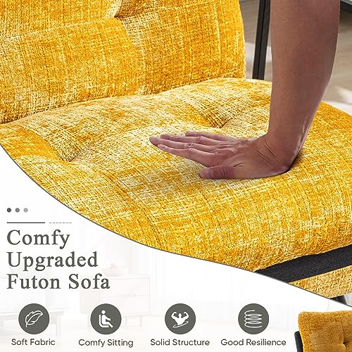 Convertible Comfy Futon Sofa Bed, 72" L Sleeper Couch with Thicker Cushion, Upholstered Modern Reclining Loveseat Folding Sofa for Small Living Room, Dorm, Apartment, Office, Yellow