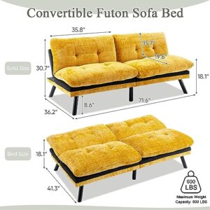 Convertible Comfy Futon Sofa Bed, 72" L Sleeper Couch with Thicker Cushion, Upholstered Modern Reclining Loveseat Folding Sofa for Small Living Room, Dorm, Apartment, Office, Yellow