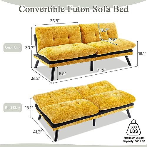 Convertible Comfy Futon Sofa Bed, 72" L Sleeper Couch with Thicker Cushion, Upholstered Modern Reclining Loveseat Folding Sofa for Small Living Room, Dorm, Apartment, Office, Yellow