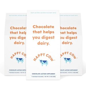 happy cow chocolate, fast-acting lactase supplement, dairy & lactose intolerance relief, all-natural, made in the usa, 21ct