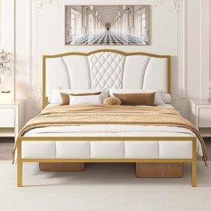 queen size platform bed frame with upholstered headboard, platform bed frame with metal frame & sturdy wood slat support, no box spring needed for bedroom family furniture boys girl (queen, beige)