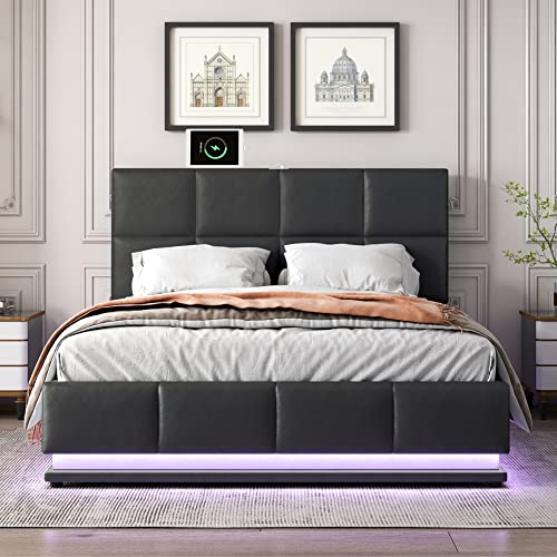BIADNBZ Queen Size Lift Up Storage Bed, Modern Platform Bed with LED Lights and USB Charger, Tufted PU Upholstered Bedframe Headboard for Bedroom, Hydraulic Storage, No Box Spring Needed, Black