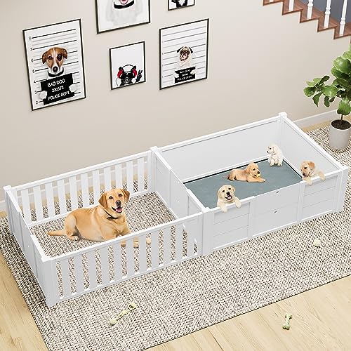 YITAHOME Whelping Box for Dogs with Water-Resistant Floor Mat 78" L×39.4" W Indoor Wooden Dog Pen with Double Rooms for Large Medium Small Dogs Puppies