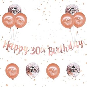 happy 30th birthday banner 12 pcs, rose gold 30th birthday banner bunting with 12 inch rosegold happy 30th birthday confetti helium latex balloons for women 30th birthday party decorations supplies