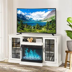 oneinmil fireplace tv stand with 3-sided glass electric fireplace,59'' modern media entertainment center with farmhouse glass door storage cabinet, tv cabinet for tvs up to 65",for living room,white