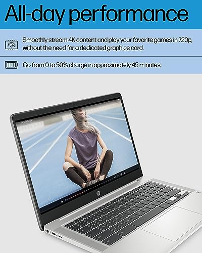 HP 2023 Newest Chromebook 14 Laptop, Intel Quad-Core Processor, 4GB RAM, 64GB eMMC, 14" HD Micro-Edge Display, Ultra Light, 4K Graphics, Anti-Glare, Wi-Fi, Chrome OS, Bundle with JAWFOAL