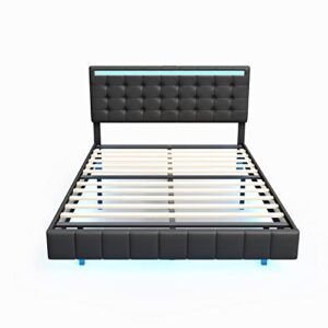 Queen Size Floating Bed Frame with LED Lights and USB Charging, Modern Upholstered Platform LED Bed Frame No Box Spring Needed, Easy Assembly (Black)