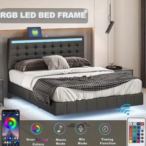 Queen Size Floating Bed Frame with LED Lights and USB Charging, Modern Upholstered Platform LED Bed Frame No Box Spring Needed, Easy Assembly (Black)