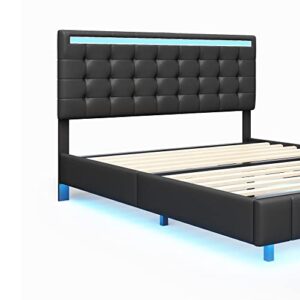 Queen Size Floating Bed Frame with LED Lights and USB Charging, Modern Upholstered Platform LED Bed Frame No Box Spring Needed, Easy Assembly (Black)