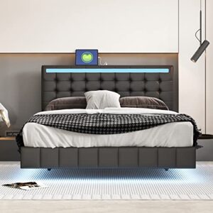 Queen Size Floating Bed Frame with LED Lights and USB Charging, Modern Upholstered Platform LED Bed Frame No Box Spring Needed, Easy Assembly (Black)