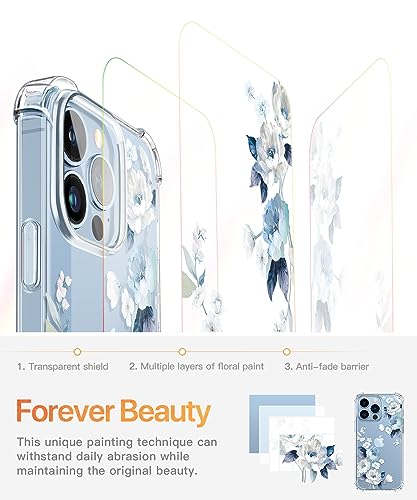 GVIEWIN for iPhone 13 Pro Case with Screen Protector & Camera Lens Protector, [10FT Military Grade Drop Protection] Clear Shockproof Slim Fit Floral Phone Case for Women Girls (Rosa Chinensis/Blue)