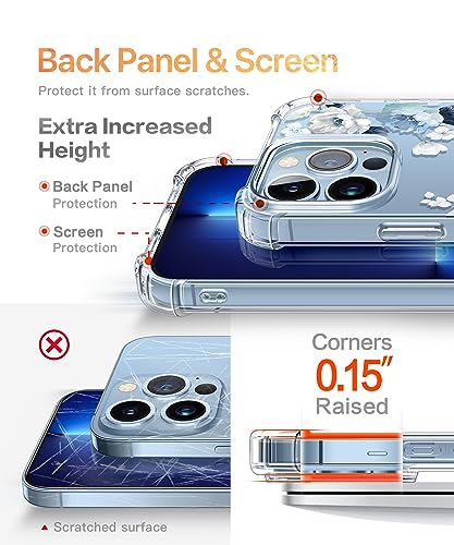 GVIEWIN for iPhone 13 Pro Case with Screen Protector & Camera Lens Protector, [10FT Military Grade Drop Protection] Clear Shockproof Slim Fit Floral Phone Case for Women Girls (Rosa Chinensis/Blue)