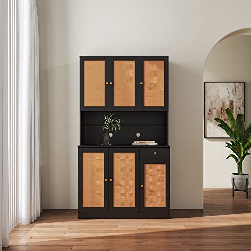 Goohome 70.87" Freestanding Kitchen Pantry, Buffet Sideboard Wardrobe& Kitchen 6-Doors, 1-Open Shelves and 1-Drawer, Tall Utility Storage Cabinet for Bedroom, Black