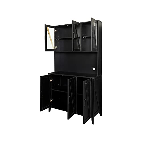 Goohome Large Freestanding Kitchen Pantry, Buffet Sideboard Wardrobe& Kitchen Glass Doors,Open Shelves and Drawer,Tall Utility Storage Cabinet for Living Room, Black