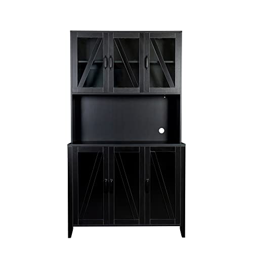 Goohome Large Freestanding Kitchen Pantry, Buffet Sideboard Wardrobe& Kitchen Glass Doors,Open Shelves and Drawer,Tall Utility Storage Cabinet for Living Room, Black